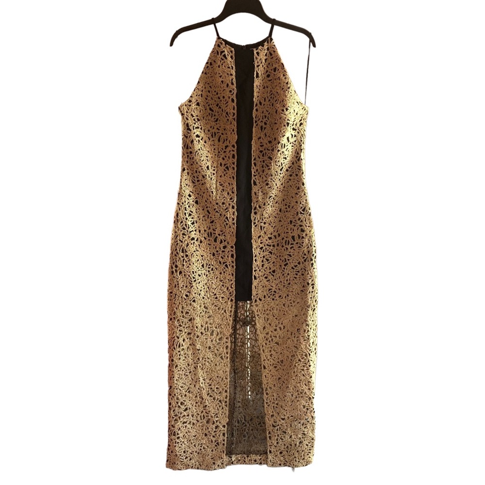 Badgley Mischka Gold Lace Maxi Dress with Black Back Panel Detail